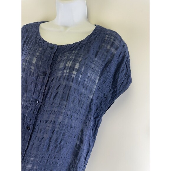 Eileen Fisher Linen Windowpane Gauze Dress Button Navy Short Sleeve Sheer Small - Picture 6 of 11